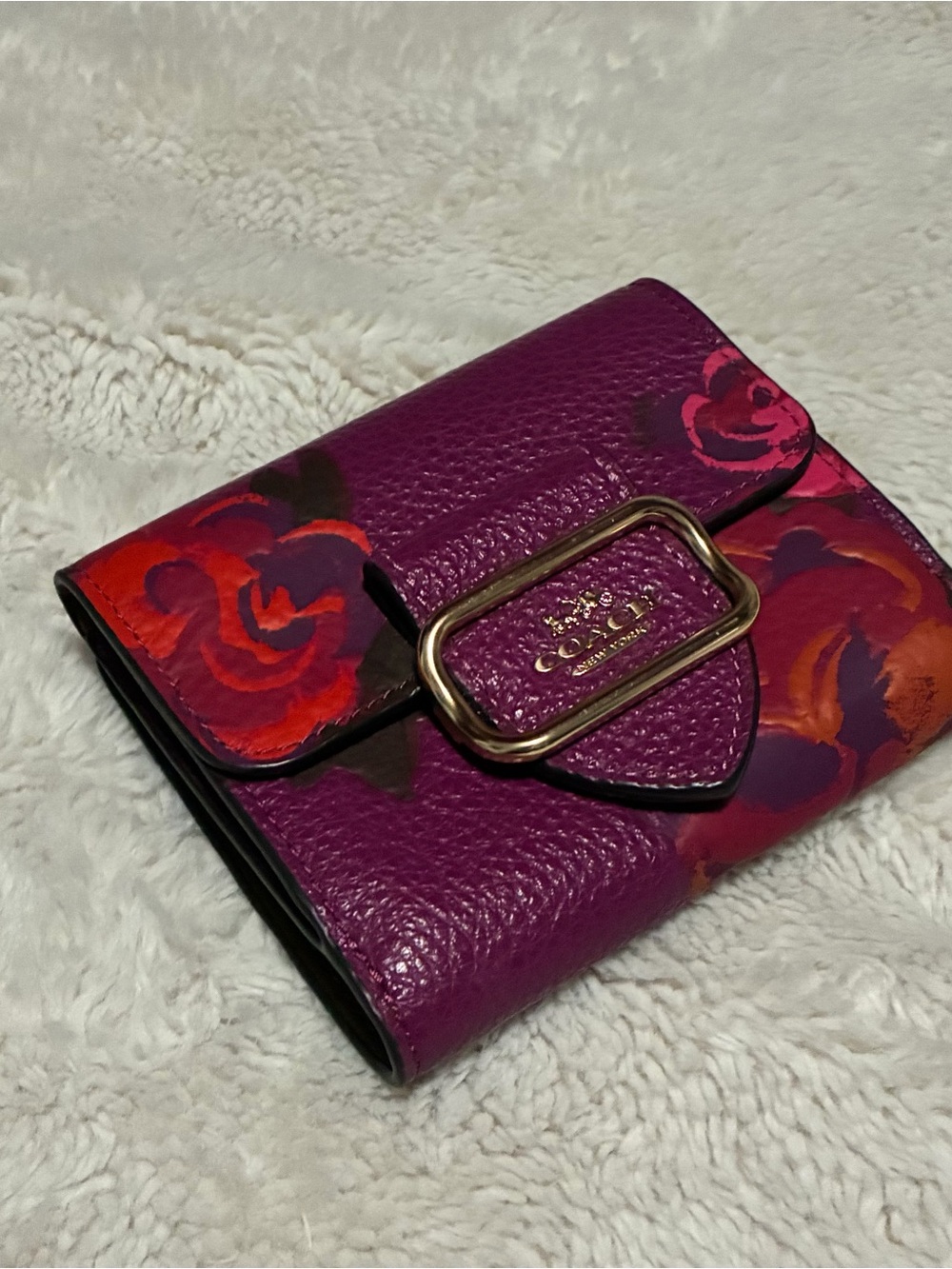 NWT Coach Purple Floral Leather Wallet with Gold Buckle